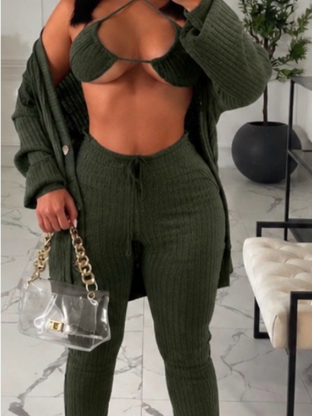 Boutique 3-Piece Ribbed Knit Lounge Set – Olive Green